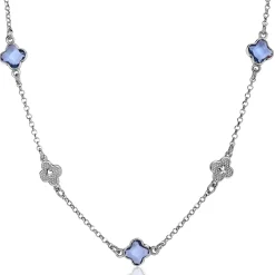 ZINZI zilveren schakel ketting met twee zilveren en drie blauwe klavers 40-45cm ZIC2582