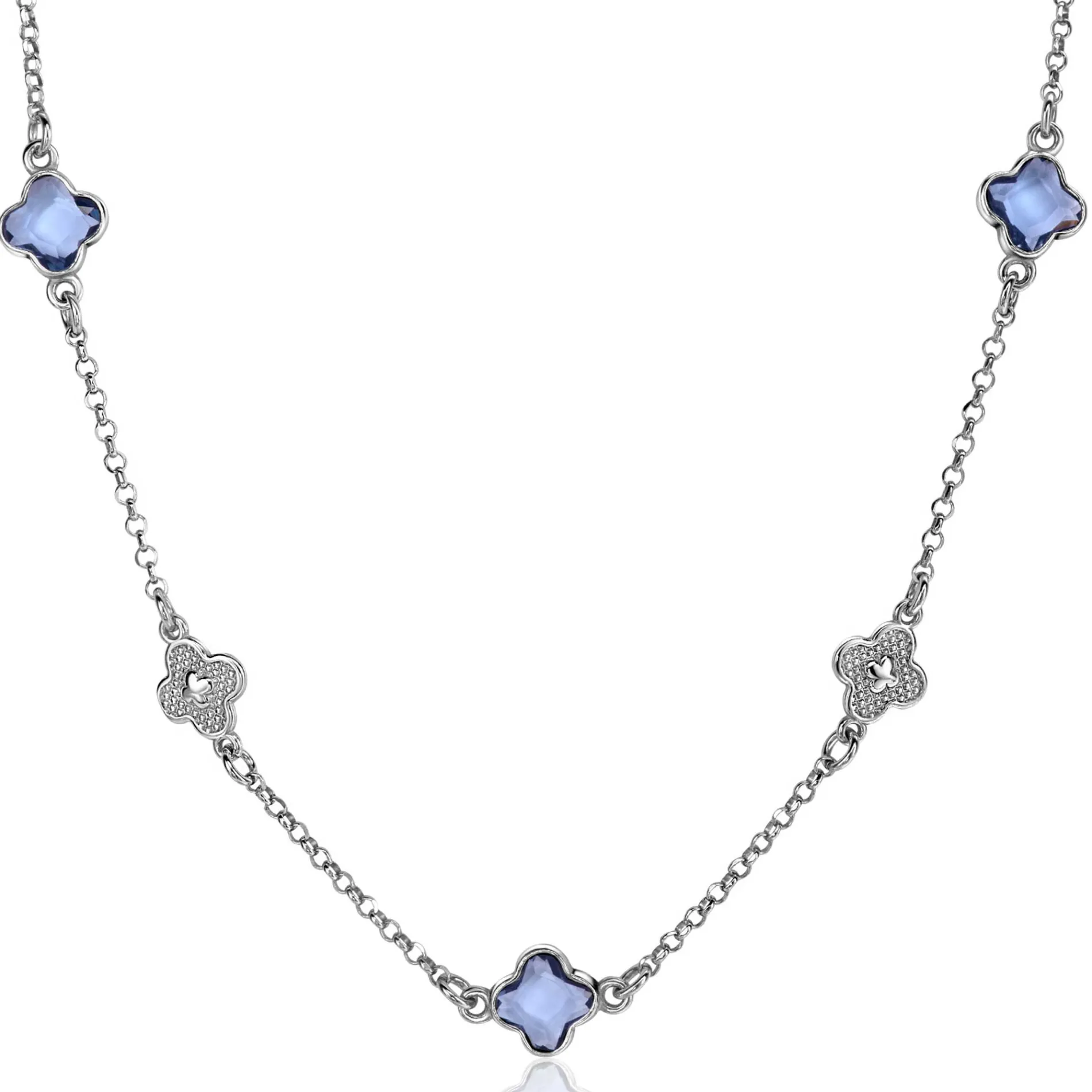 ZINZI zilveren schakel ketting met twee zilveren en drie blauwe klavers 40-45cm ZIC2582