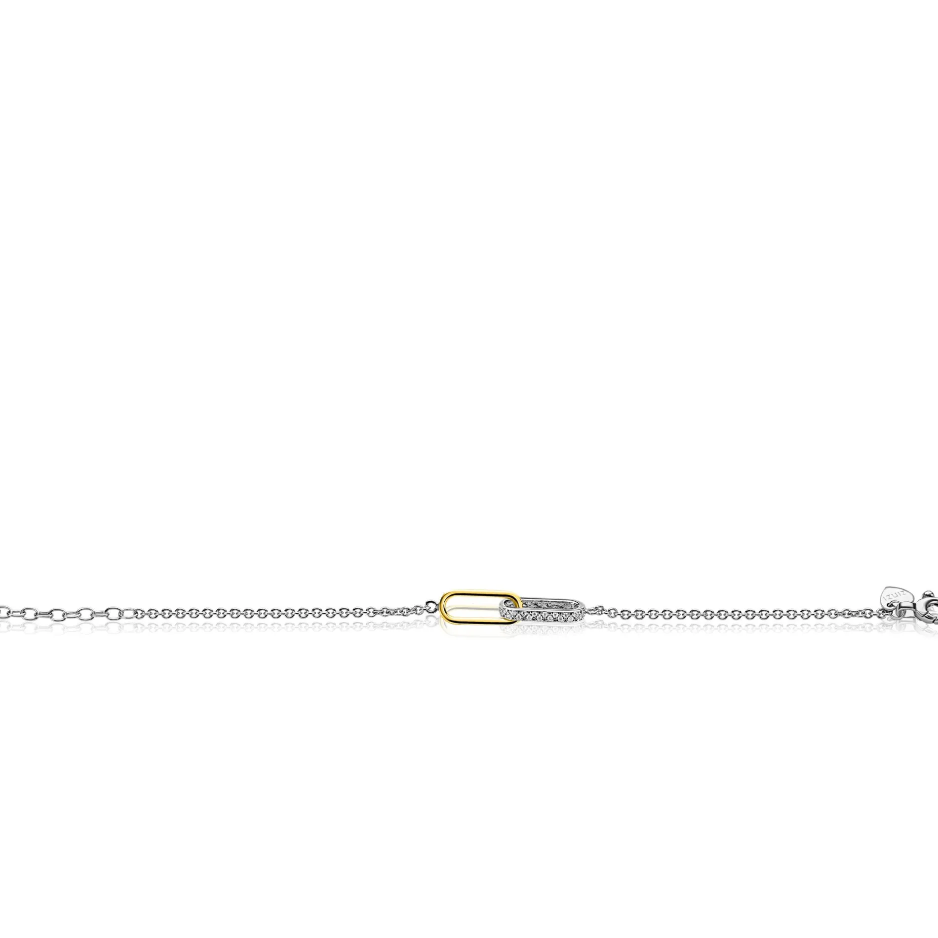 ZINZI zilveren schakelarmband met twee verbonden ovale schakels: ene gold plated, ander bezet met witte zirkonia's ZIA2758