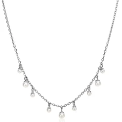 ZINZI zilveren schakelketting met negen ronde witte glasparels in verschillende groottes, speels verdeeld over de ketting 40-45cm ZIC2623