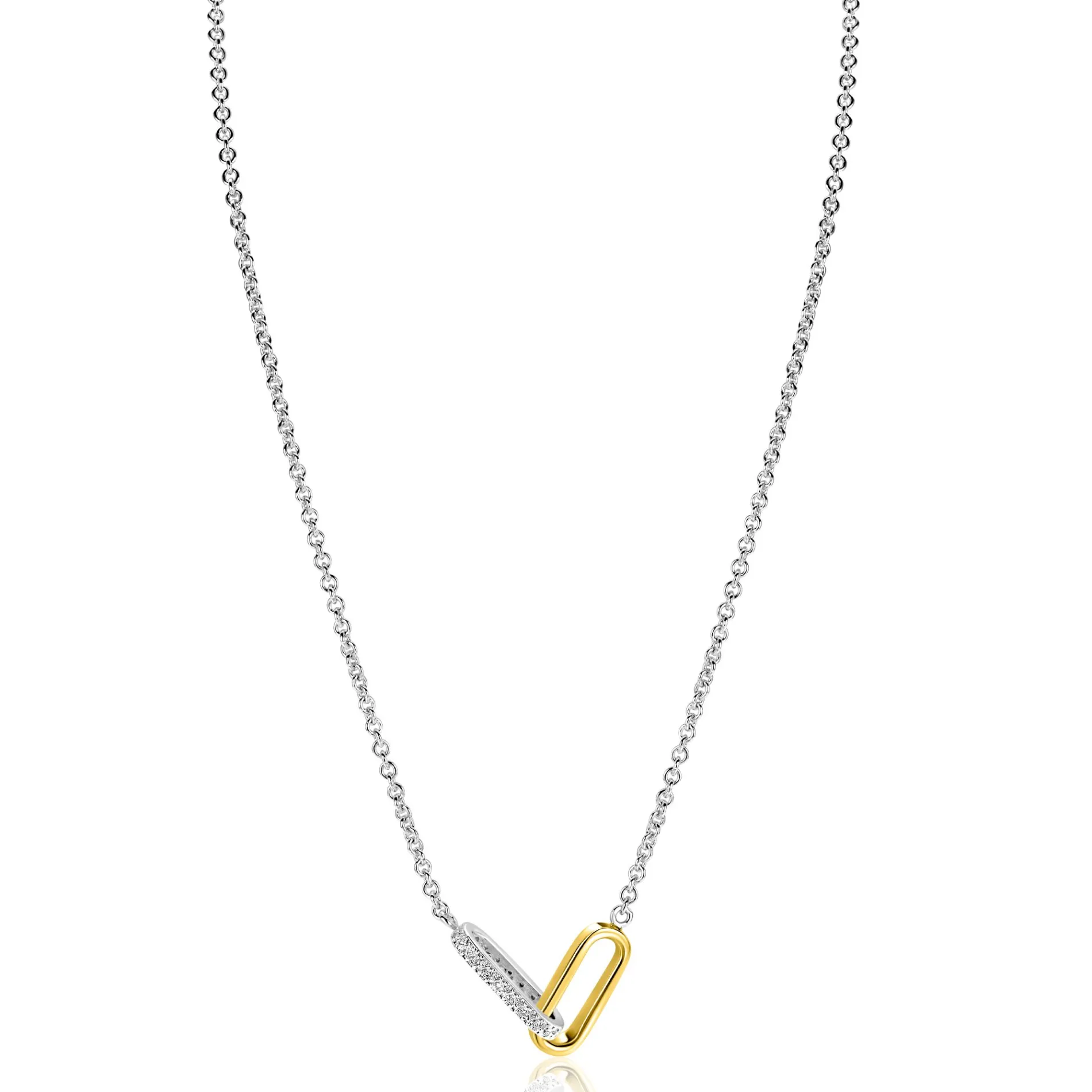 ZINZI zilveren schakelketting met twee verbonden ovale schakels: één gold plated, de ander bezet met witte zirkonia's 42-45cm ZIC2758