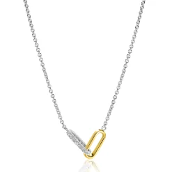 ZINZI zilveren schakelketting met twee verbonden ovale schakels: één gold plated, de ander bezet met witte zirkonia's 42-45cm ZIC2758