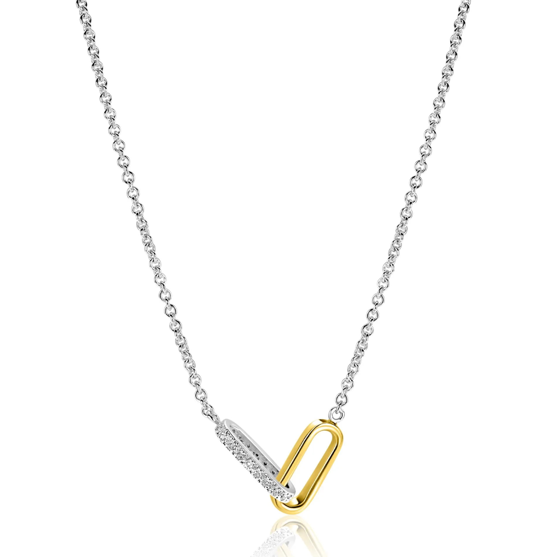ZINZI zilveren schakelketting met twee verbonden ovale schakels: één gold plated, de ander bezet met witte zirkonia's 42-45cm ZIC2758