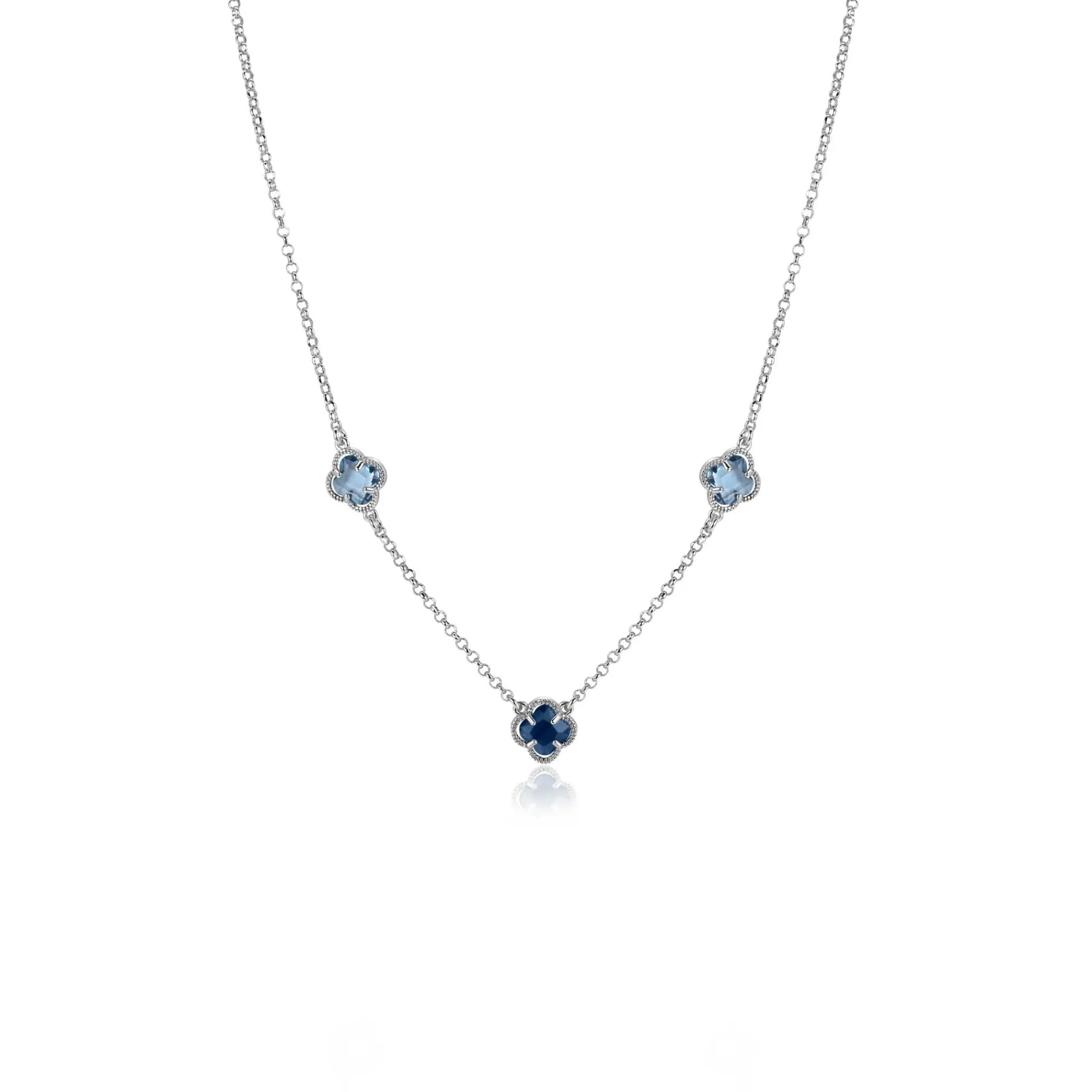 ZINZI zilveren schakelketting met twee lichtblauwe klavers en een donkerblauwe klaver 42-45cm ZIC2663B