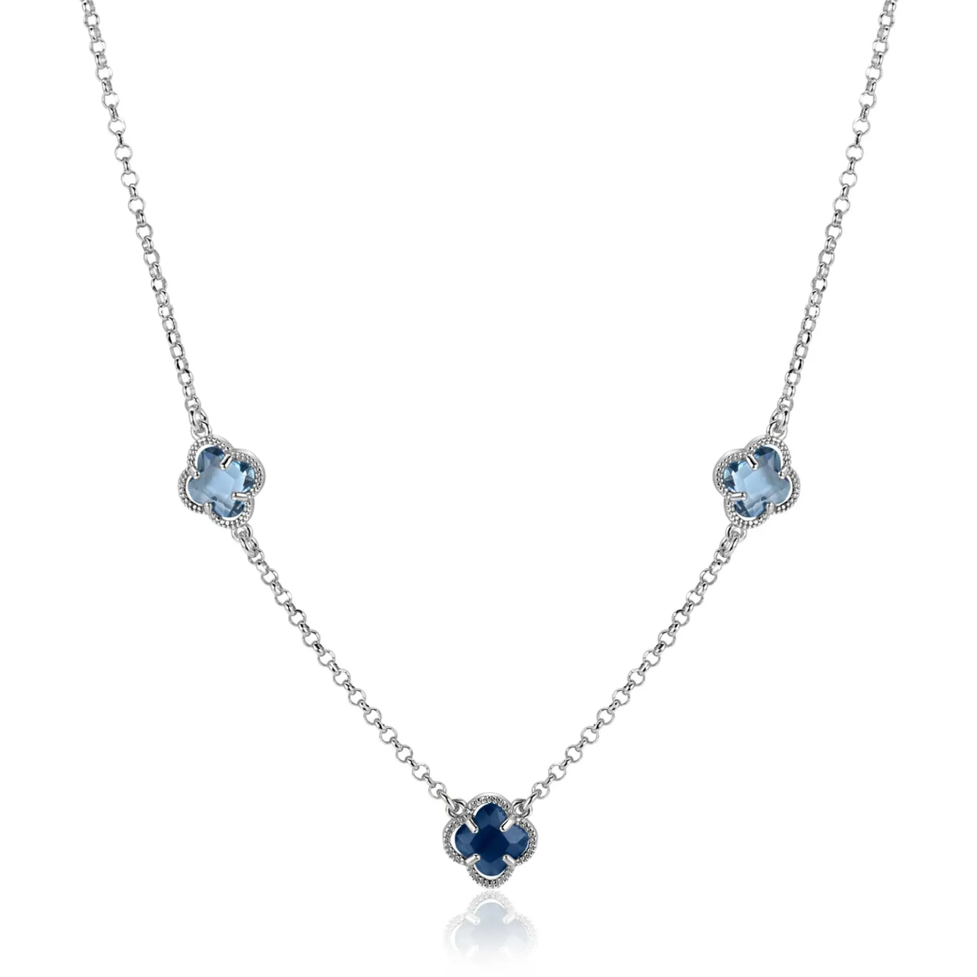 ZINZI zilveren schakelketting met twee lichtblauwe klavers en een donkerblauwe klaver 42-45cm ZIC2663B