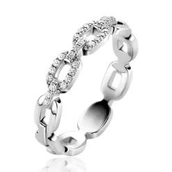 ZINZI zilveren schakelring met trendy ovale schakels, schitterend bezet met witte zirconia's 4mm breed ZIR2552