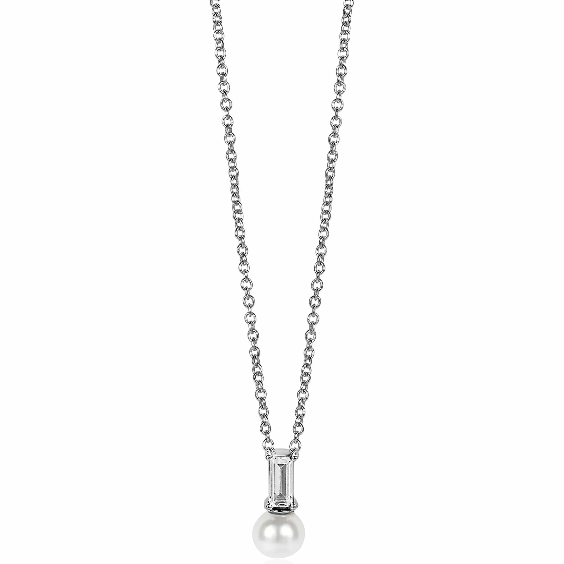 ZINZI zilveren witte parelhanger met witte baquette geslepen zirconia ZIH2135 (zonder collier)