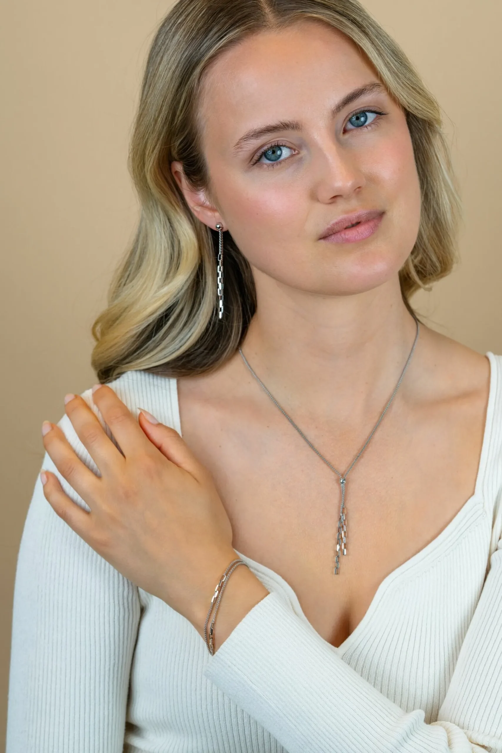 ZINZI zilveren Y-collier 43–46cm met popcorn schakel en twee bungelende kettinkjes ZIC2710